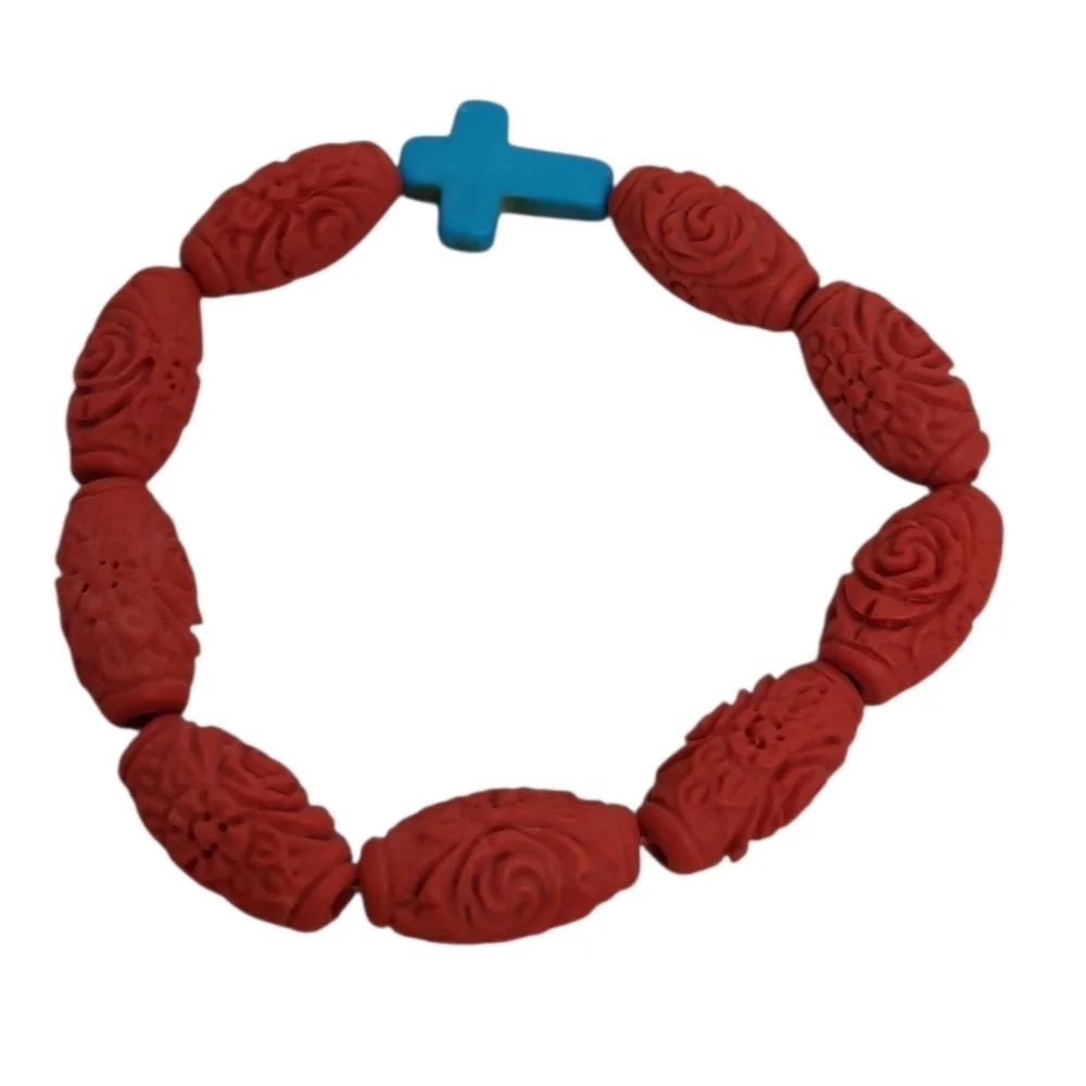 Carved Cinnabar Barrel Beads & Turquoise Cross Stretch Bracelet